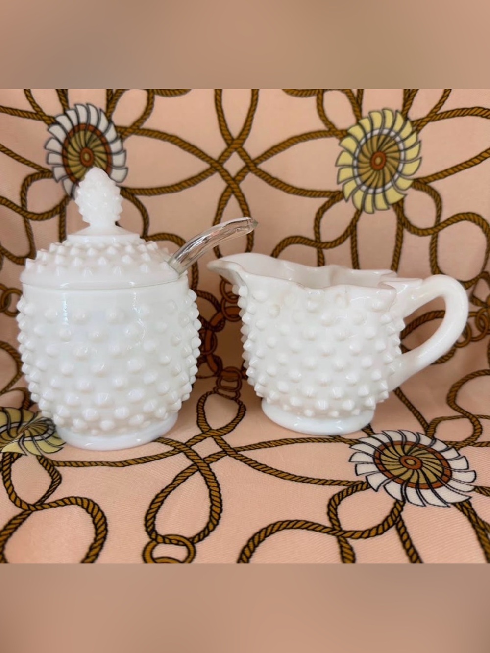 Vintage Fenton White Hobnail Milk Glass Cream and Sugar Set 1970s MCM